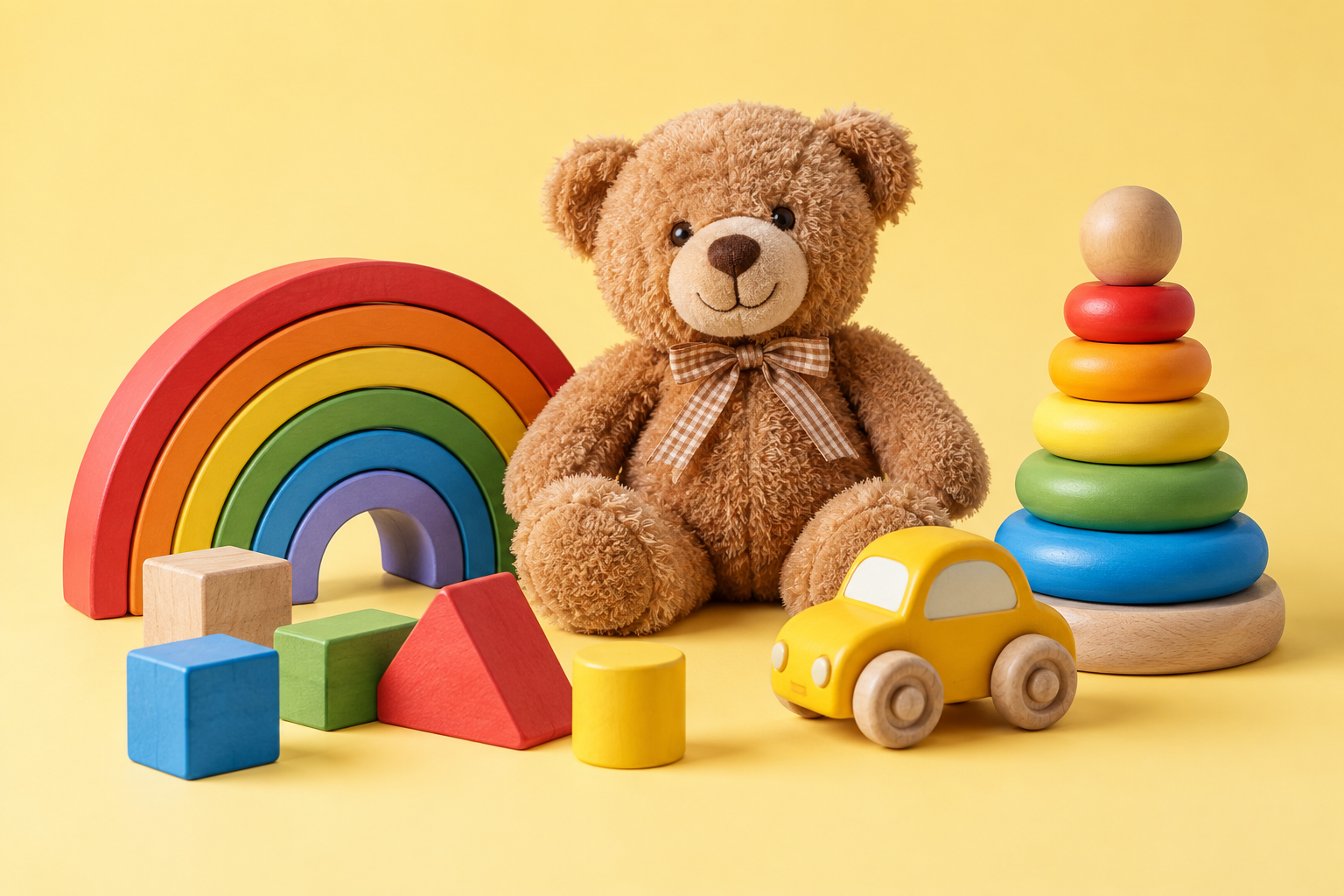 A playful collection of wooden toys, a teddy bear and colourful building blocks